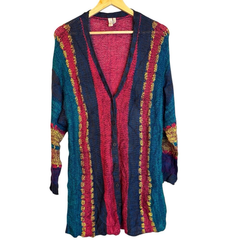 Sahalie Colorful Striped Loose Knit Longline Button Front Cardigan Sweater XL
